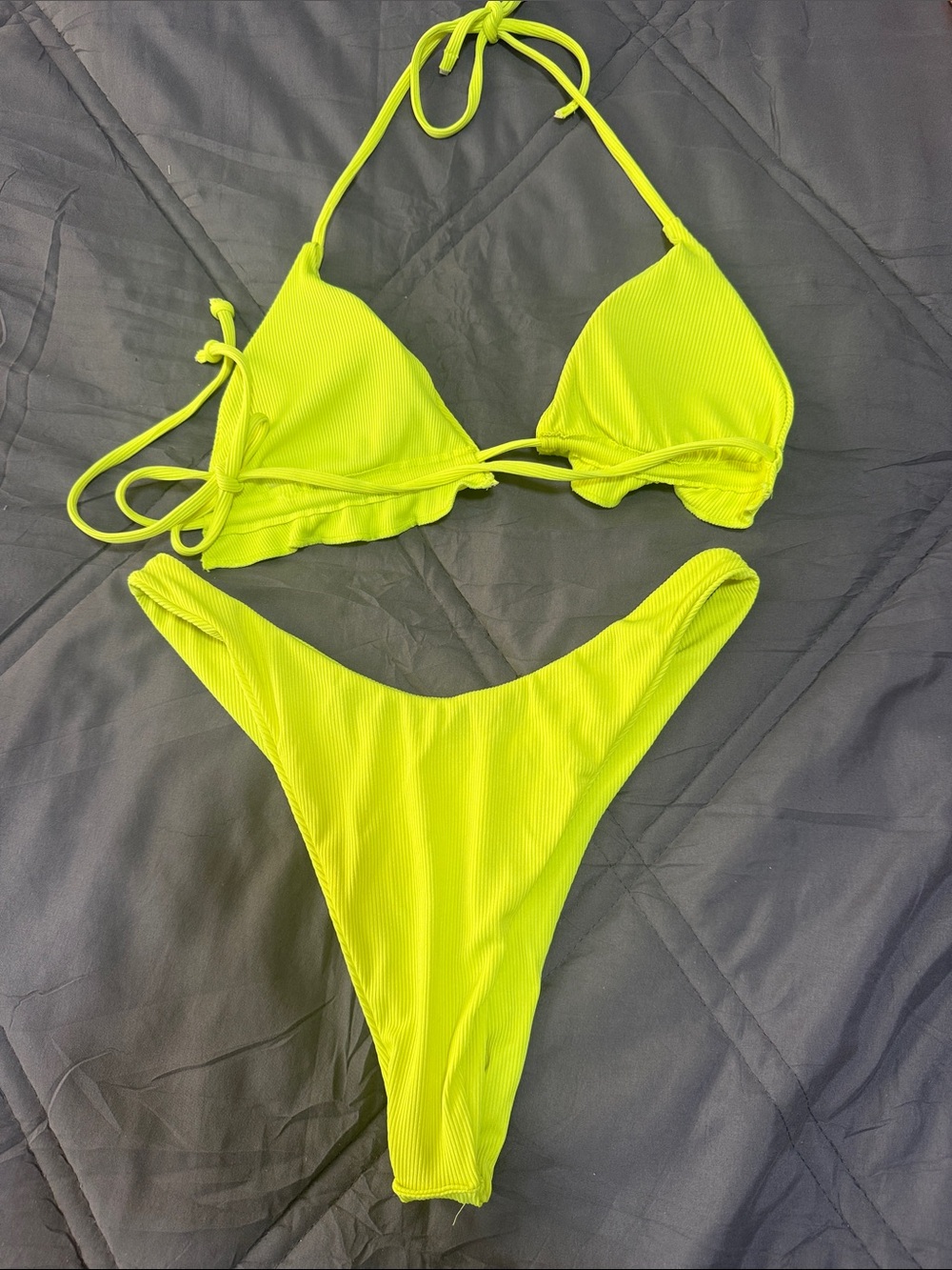 Neon Yellow Ribbed Triangle Bikini Set - Picture 2 of 4